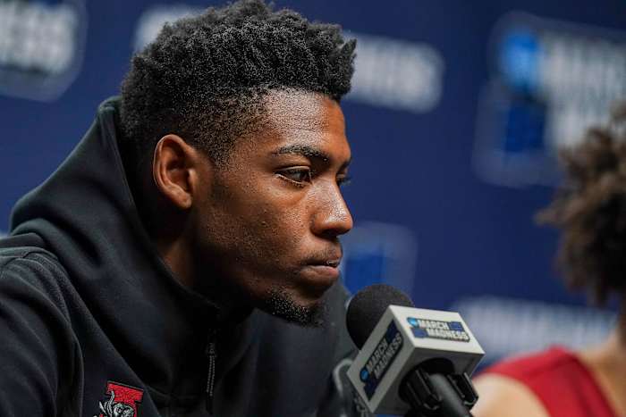 Mar 15, 2023; Birmingham, AL, USA; Alabama Crimson Tide forward Brandon Miller (24) speaks to the media prior to practice at Legacy Arena.